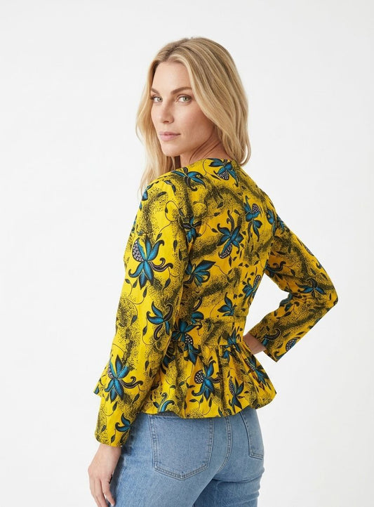 Blouse Péplum Solaire avec ceinture en Wax 100% coton
