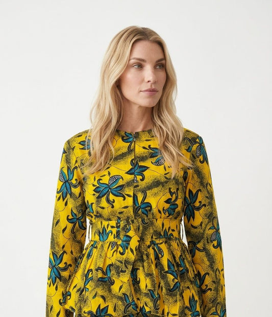 Blouse Péplum Solaire avec ceinture en Wax 100% coton