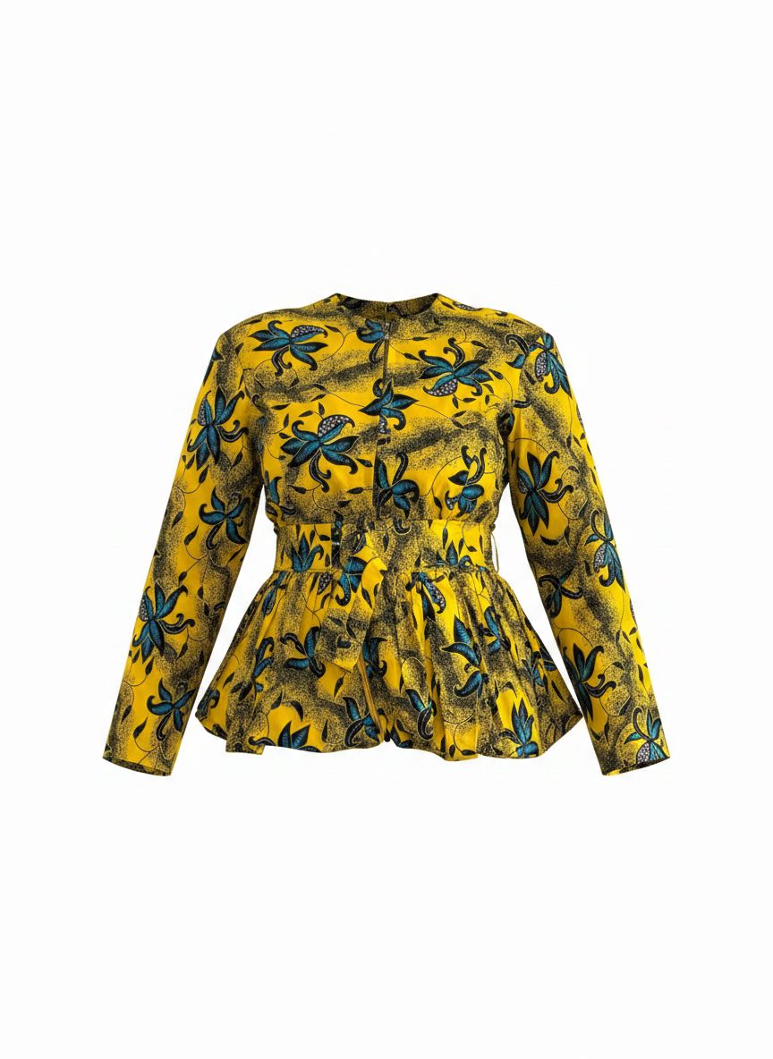 Blouse Péplum Solaire avec ceinture en Wax 100% coton